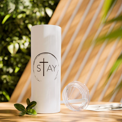 StayAlive™️ with Cross Skinny Tumbler with Straw, 20oz